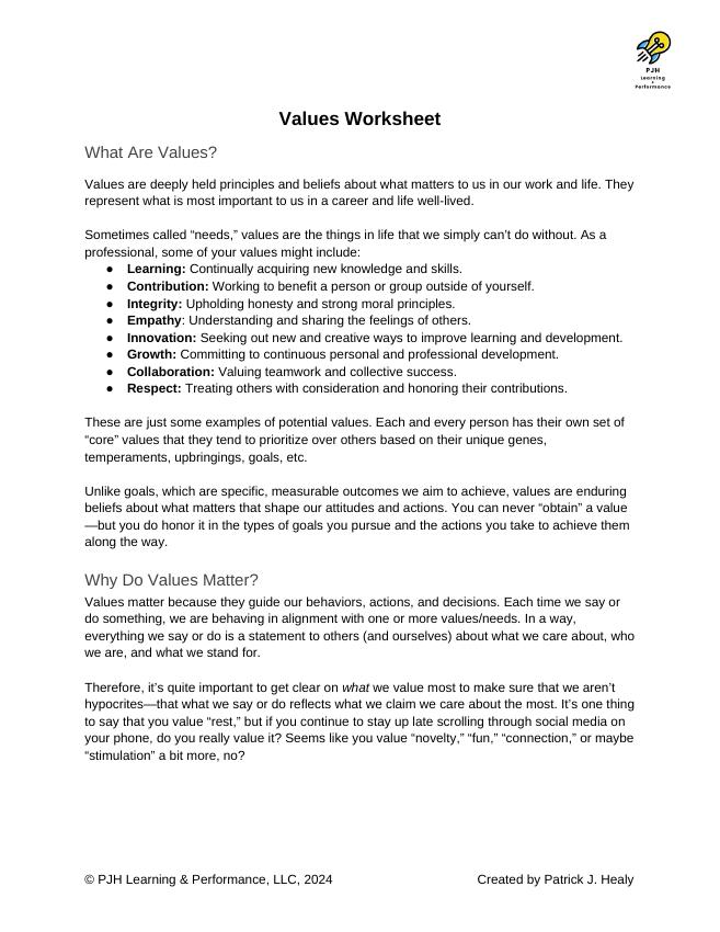 First page of Values Worksheet