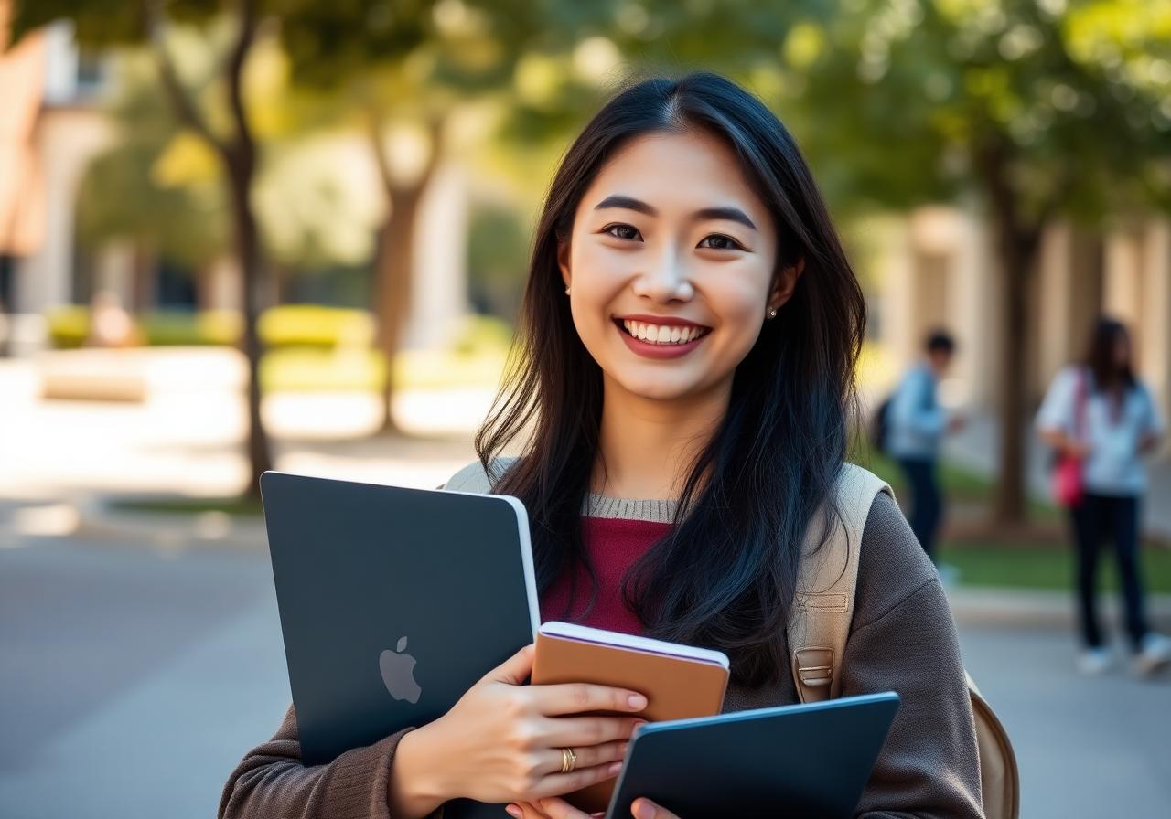 Smiling university student holding a laptop and notebook on a sunlit campus after academic coaching
