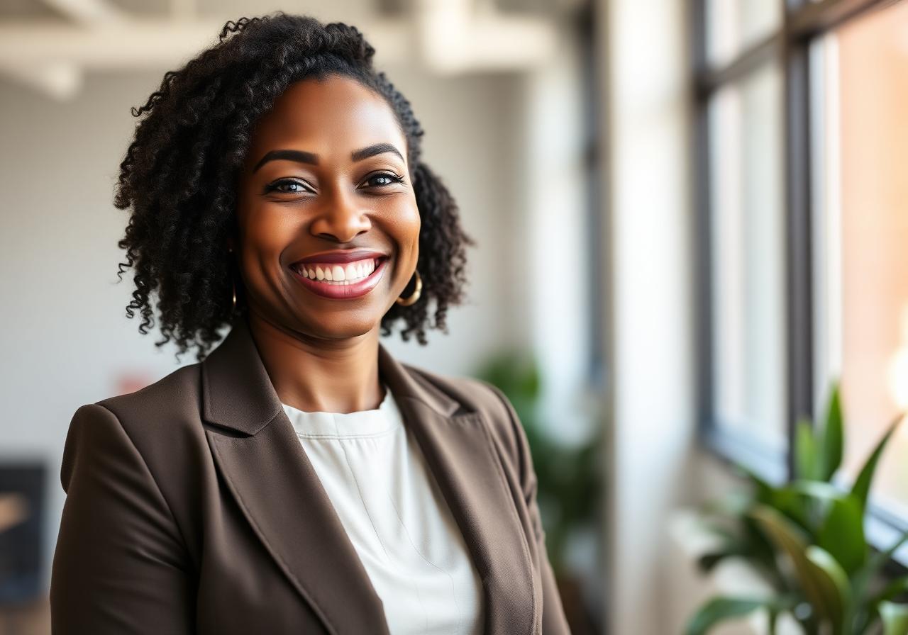 Confident professional smiling in a bright modern office after a successful career transition