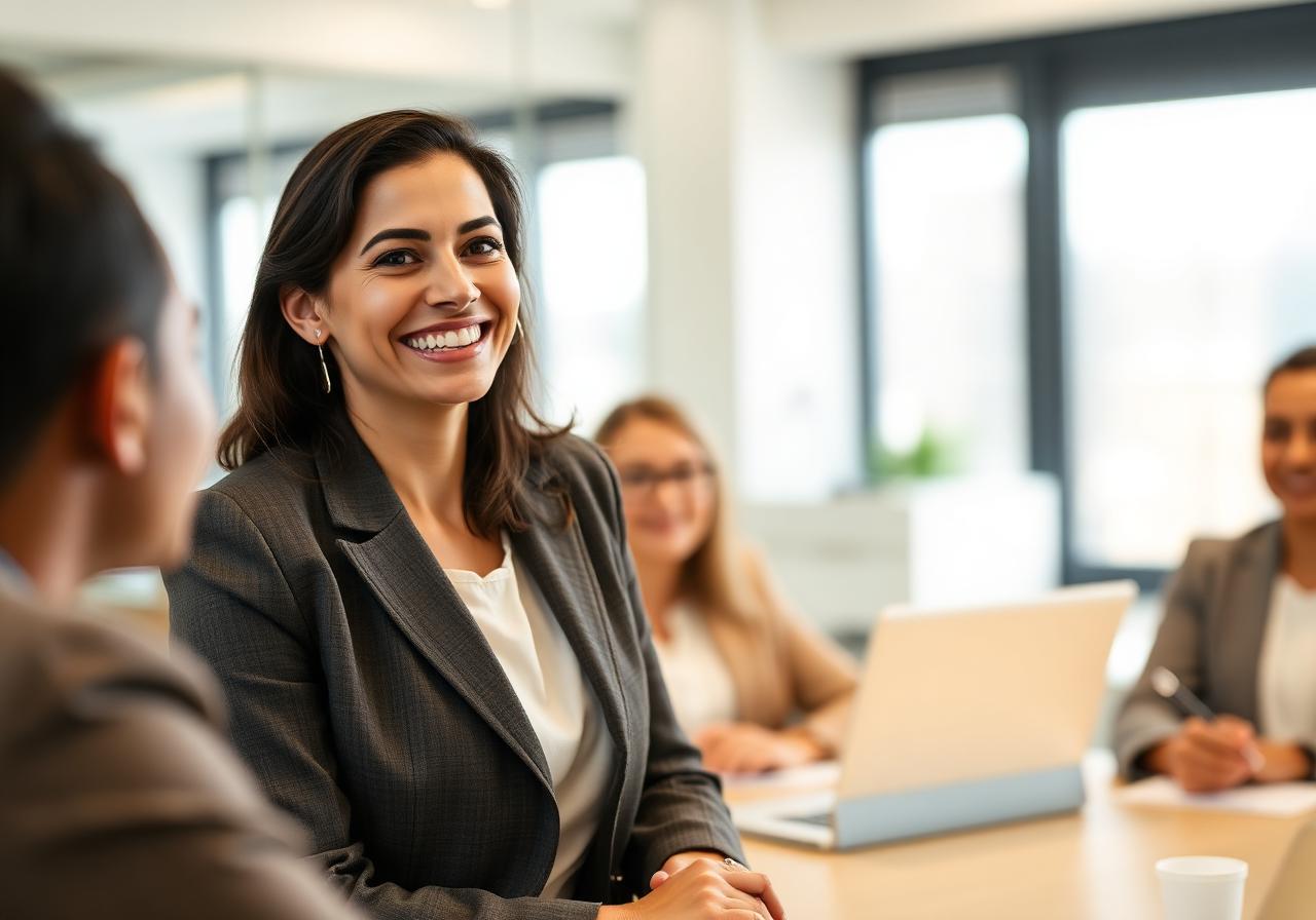 Happy leader smiling while running a team meeting after leadership coaching