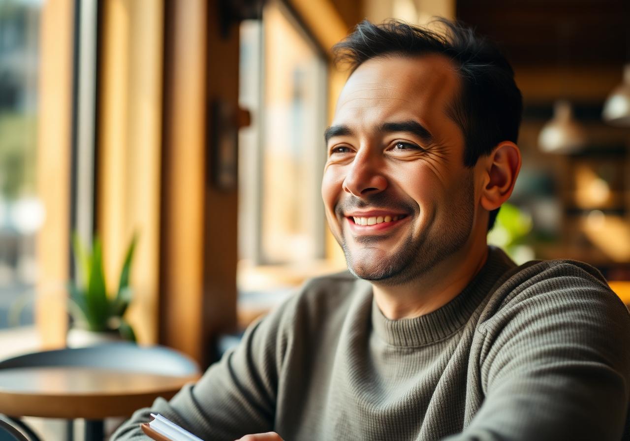 Calm, content client smiling in a sunlit cafe after mindset and habits coaching
