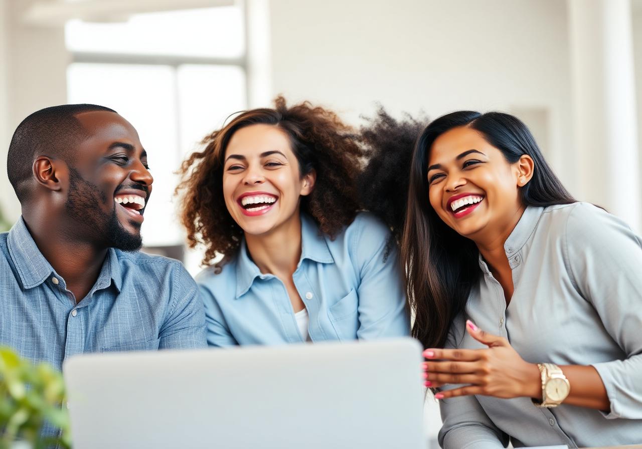 Diverse group of happy clients laughing together after working with coach Patrick J. Healy